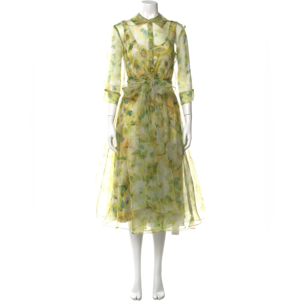 Theia Yellow-Green Floral Organza Tie-Waist Midi Dress
